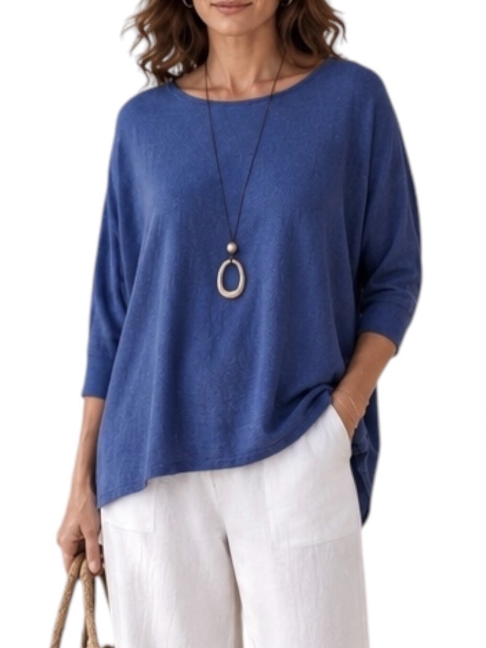 Eileen Fisher Coastal Blue Linen Dolman Sleeve High Low Top M
